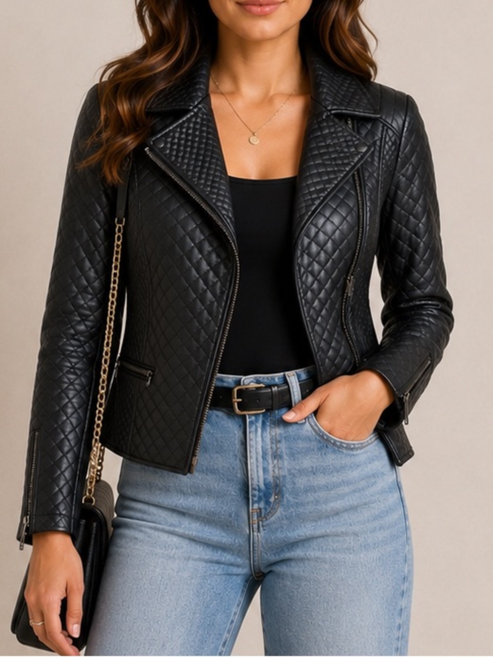 Adore Black Quilted Faux Leather Moto Biker Jacket Asymmetrical Zip Small